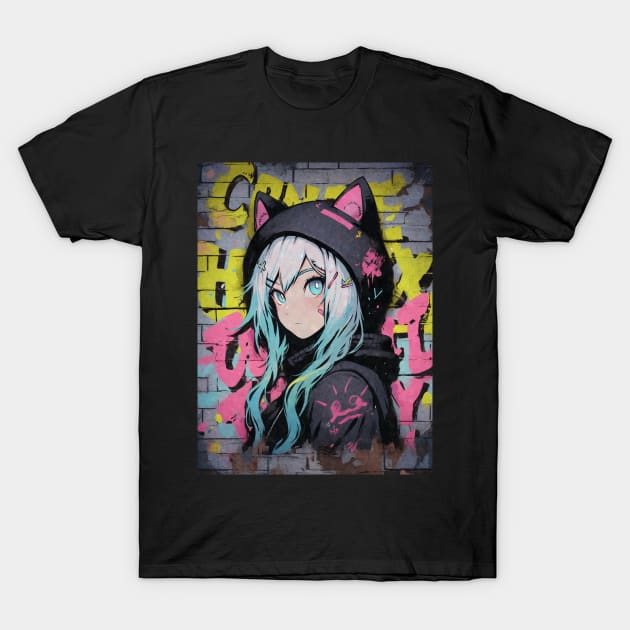 Kawaii Aesthetic Brick Wall Nekomimi Anime Cat Girl Graffiti Art Style T-Shirt by TenchiMasaki